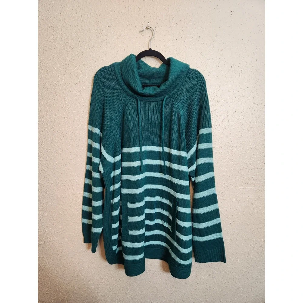 St. Johns Bay Active Sweater‎ Teal Womens 3X Striped Cowl Neck Kangaroo Pocket